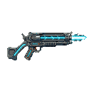 Futuristic sci-fi rifle with metallic grey and dark blue casing, firing an electric blue energy beam from its glowing cylindrical barrel.