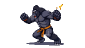 Pixelated gorilla in karate stance, snarling with clenched fists, one holding a glowing yellow weapon, wearing an orange sash.