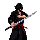 Slender figure in dark flowing garment with red sash, holding two katanas, against black background.