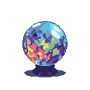 A crystal ball filled with swirling sapphire, emerald, ruby, and gold shards, resting on an ornate dark stand.