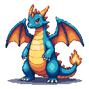 A blue dragon with orange wings and horns, a flame tail, and purple eyes stands on pixelated ground.