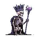 Regal skeleton king with a jeweled crown, tattered cape, and a staff topped with a glowing purple orb.