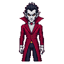 Gaunt vampire with pale face, dark spiky hair, pointed ears, wearing a crimson tailcoat, ruffled white shirt, and red bowtie, with piercing yellow eyes and a smirk.