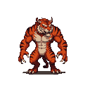 A bipedal tiger demon with vibrant orange fur, dark stripes, sharp teeth, piercing eyes, and curved horns, standing in a combat-ready pose.