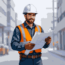 Pixel Art: A professional civil engineer wearing a white safety helmet, holding a rolled blueprint in one hand, standing confidently, realistic lighting, professional attire (shirt and pants or safety vest), neutral expression, high detail, white background. (generated with AI by Dawnquin Elf).