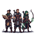 Three fantasy adventurers: a strategist with a scroll, a hunter with dual blades, and a cloaked archer with a bow.