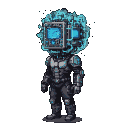 A humanoid figure with a glowing blue quantum computer for a head, surrounded by electric blue energy tendrils.