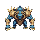 A blue-scaled, bipedal creature with golden armor, spiky head crest, and sharp claws, poised to attack.