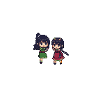 Two three-headed pixel art characters, one in green and one in red, stand side-by-side.