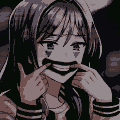Young woman with dark pigtails pulls her mouth into a wide, unsettling smile with her fingers, her pixelated eyes conveying sadness.