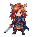 A young warrior with fiery red hair and fox-like ears stands ready with a gleaming sword, their youthful determination a beacon against a backdrop of adventure.
