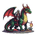 Knight in gleaming armor with red accents, sword raised, riding an emerald-scaled dragon with crimson and shadow wings spread.