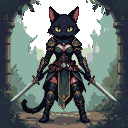 Anthropomorphic black cat assassin with piercing yellow eyes, wearing a dark, gold-accented outfit with geometric trims, gripping dual daggers.