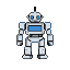 A retro-futuristic robot with blue accents on its chest and eyes, standing stoically.