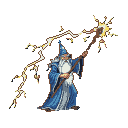 Wizard in blue robe and pointed hat conjures crackling lightning bolt from staff, illuminating dark background.