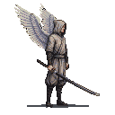 A hooded figure with large white wings stands in profile, holding a katana downwards.