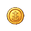 A gleaming gold coin with a stylized anchor symbol on a transparent background.