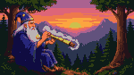 A bearded wizard in a blue robe and pointed hat sits smoking a joint, exhaling smoke towards a vibrant mountain sunset.