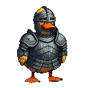 A duck warrior in dark, weathered grey full plate armor with glowing red eye slits in its helmet.