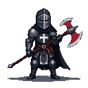 A Templar Knight in segmented dark armor, a white cross on his chest, and a black cape, gripping a double-bladed red axe.