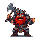 Furious dwarf berserker with fiery red beard, grimacing in rage, hefting a massive battle-worn axe. He wears rugged, segmented armor with fur accents.