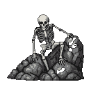 A skeleton is partially embedded in jagged rocks, with one leg bent and arms splayed, one hand gripping the stone.