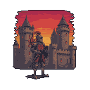 Pixel Art: Рыцарь с котом,на заднем фоне очень большие замки и закат