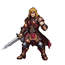 Stoic warrior with flowing blonde hair, wearing dark red armor with metallic accents, holding a sword.