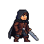 A cloaked figure with a sword stands ready, wearing a hooded cloak, brown tunic, and trousers.