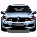 Silver BMW sedan viewed head-on, with bold pixelated headlights and grille.