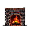 A cozy fireplace with crackling orange and yellow flames. Rough gray stone hearth and wooden mantelpiece. Two logs burn within.