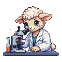 Anthropomorphic lamb in a white lab coat peers through a microscope, with a small vial of orange liquid nearby.