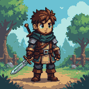 Young adventurer with teal scarf, leather armor, and sword at side stands on a dirt path in a serene forest with green trees and a blue sky.
