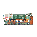 Pixel art classroom with diverse students at desks facing a blackboard with text and a globe, colorful posters, and a bookshelf.