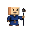 Blocky wizard with a cube-shaped head, blue robe, brown sash, and a wide grin, holding a dark staff.