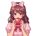 Pixel Art: girl in a pale pink dress and a bow tie on her head biting into a pastel red apple (generated with AI and edited by Dixy).