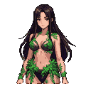 A dark-haired dryad adorned with lush green foliage, her gaze serene and subtly alluring.