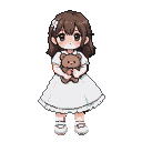 A young girl in a white ruffled dress holds a brown teddy bear.