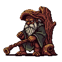 Wizened old man with long white beard and wide-brimmed hat, hunched against a tree trunk, holding a carved wooden staff.