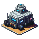 Multi-tiered futuristic military base structure with grey and dark blue metallic shell, glowing neon blue panels, and a circular blue light on top, presented on an isometric tile.