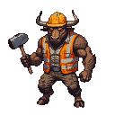 A minotaur wearing an orange construction vest and yellow hard hat holds a sledgehammer.
