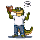 Pixel Art: alligator standing wearing a white t-shirt, blue jeans, flip...