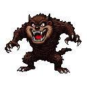 A hunched, menacing Tasmanian devil boss with textured brown fur, glowing red eyes, and a wide snarl revealing sharp white teeth and a red tongue.