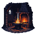 An unfinished, glowing hot sword rests on an anvil in a dark, fiery blacksmith's forge with sparks flying.