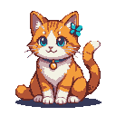 White cat with orange ears and tail, wearing a blue bow and a collar with a golden bell, looking forward with blue eyes.