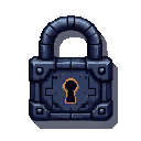 Dark fantasy lock with segmented metallic body in deep blues and grays, featuring an orange keyhole and an arched shackle.