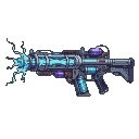 Futuristic Tesla rifle with crackling blue, purple, and red energy.