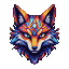 A kitsune mask with sharp, angular features in fiery oranges, electric blues, and deep purples. Piercing yellow pixel eyes stare forward, with swirling tribal or celestial patterns on its forehead and cheeks.
