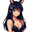 Young woman with long black hair, a white bunny clip, large violet eyes, a black swimsuit, and fluffy pink bunny ears.