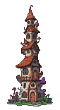 Whimsical pixie house with stacked, irregular levels, steeply pitched terracotta roofs, many round and arched windows, and small orange doors. Vibrant purple and green pixelated flora adorns the base.